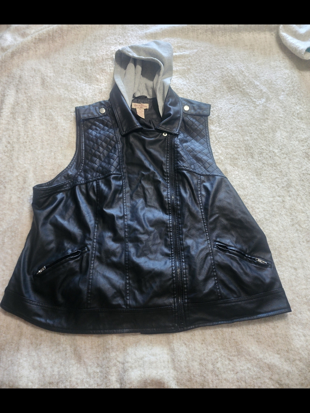 Paris Blues Black Faux Leather Hooded Vest with Quilted Shoulders